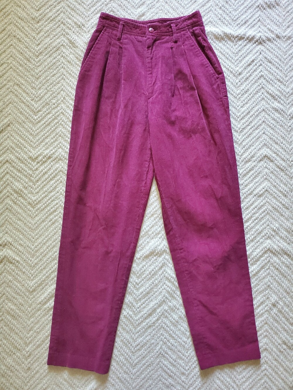 Vintage 80s Magenta Pinwale  Corduroy Trousers, High Waist, Straight Leg